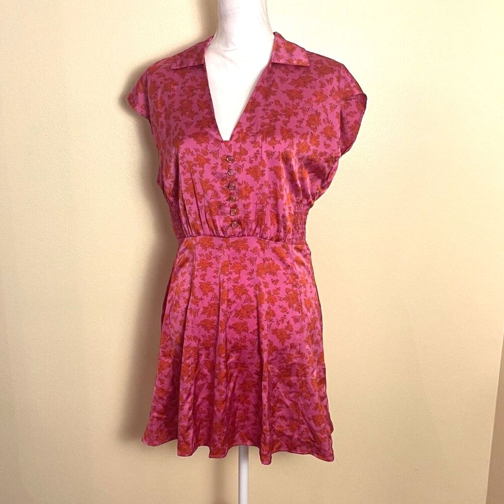 Zara Pink Satin Floral Mini Dress M Smocked V Neck Coquette Romantic Party NWT